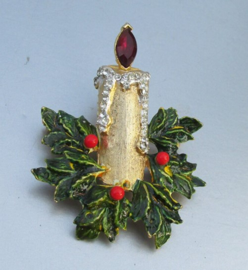 Hattie Carnegie Vintage Christmas Holly Candle Pin from DazzleInTime on Etsy