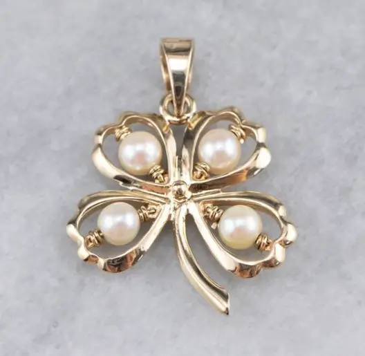 Four Leaf Clover Pearl and Gold Charm from MSJewelers on Etsy