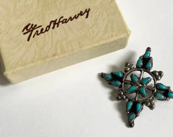 Fred Harvey Turquoise Brooch from PaintedSkyVintage on Etsy
