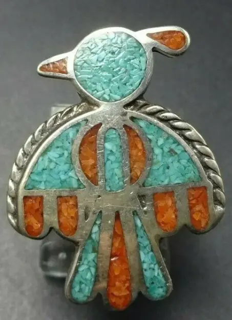 Vintage Silver Turquoise Coral Chip Inlay Ring from TurquoiseKachina on Etsy