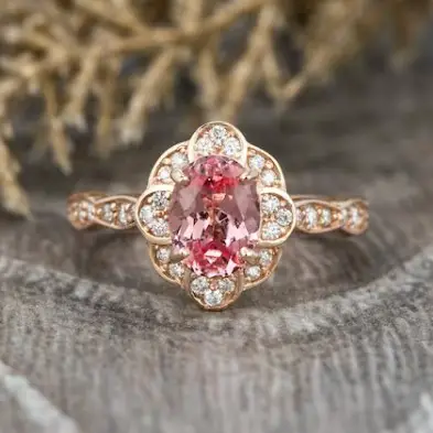 Oval Champagne Peach Sapphire Engagement Ring from Sapheena