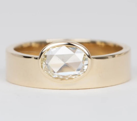 Oval Rose Cut Bezel Set Diamond on Wide Flat Band from AuroraDesigner